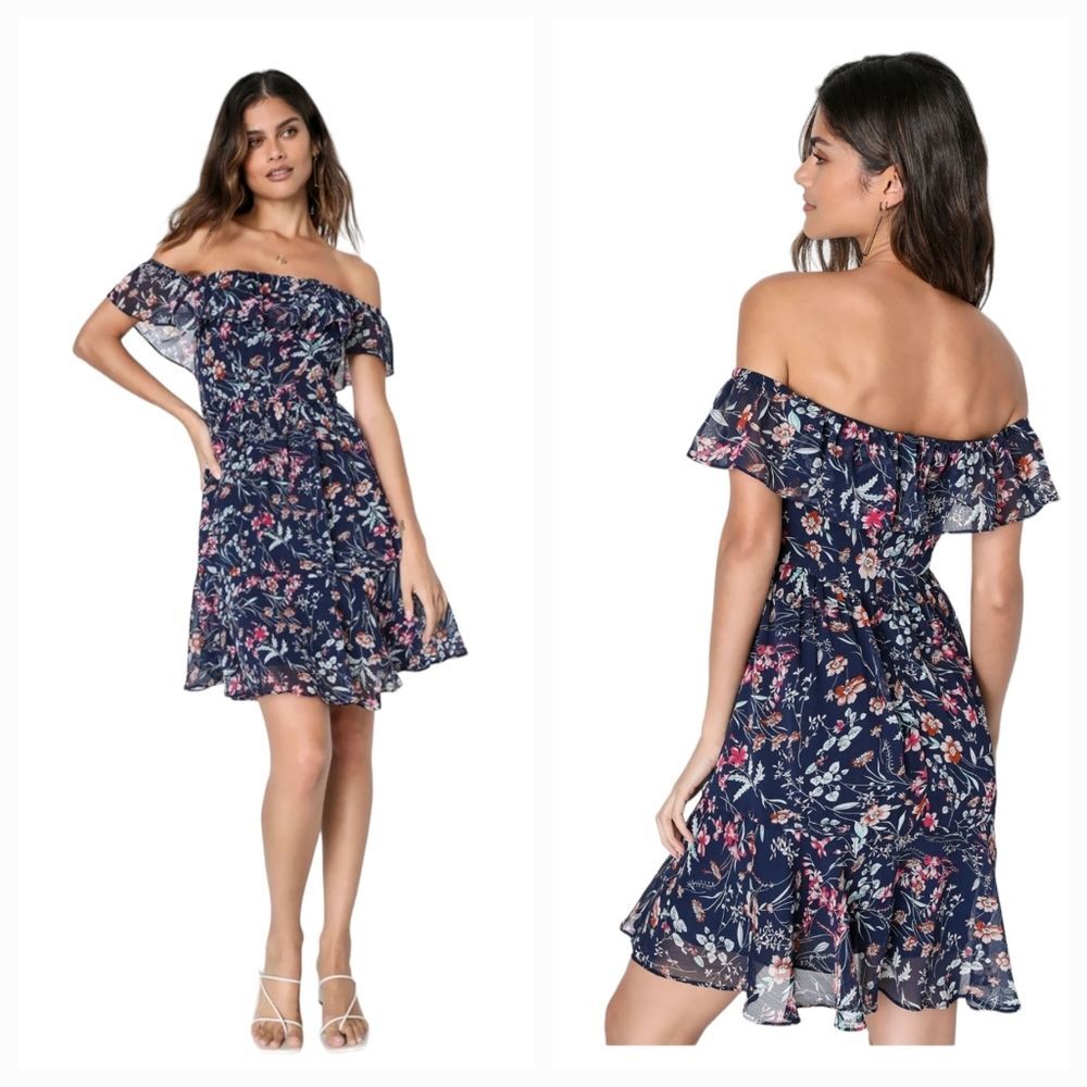 LULU'S Navy Floral Off-the-Shoulder Ruffle Mini Dress – Women’s Size Large